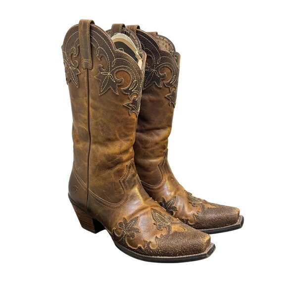 Ariat Western Brown Leather Boots Size 7.5 With Embroidered Floral Design - Picture 2 of 9